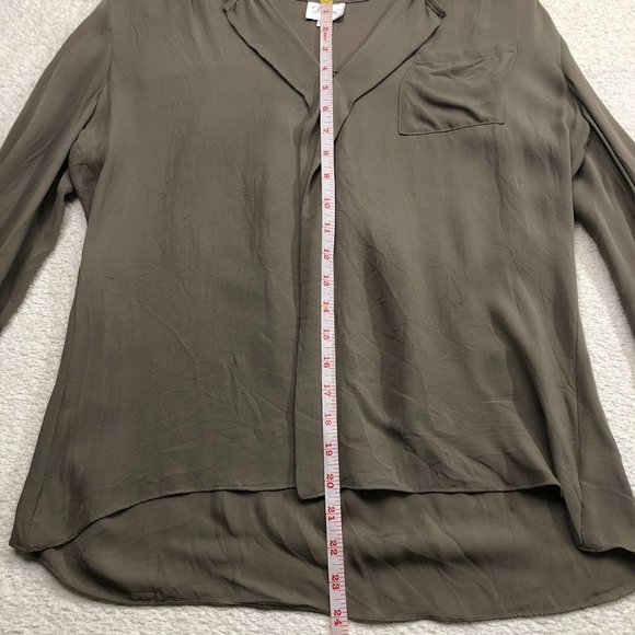PARKER Women’s V Neck High Low Long Sleeve 100% Silk Blouse Green - Picture 6 of 9